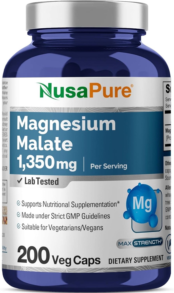 NusaPure Malate de magnésium 1350mg 200 Capsules de Veggie (Vegan, non-OGM, végétalien)