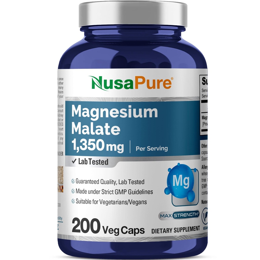 NusaPure Malate de magnésium 1350mg 200 Capsules de Veggie (Vegan, non-OGM, végétalien)