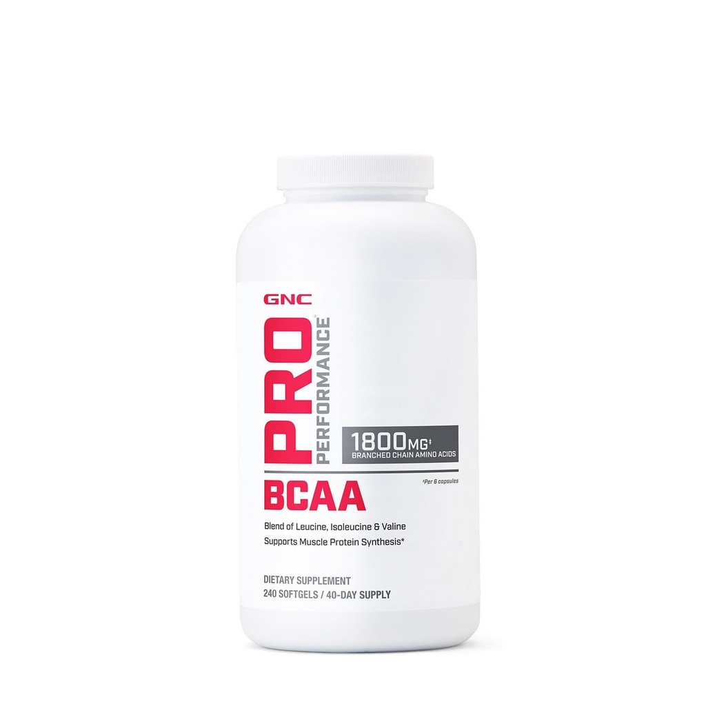 GNC Pro Performance BCAA 1.8g, 3ème partie testée supplément pour les hommes et les femmes, Acides aminés à chaîne ramifiée, acides aminés essentiels soutient la synthèse des protéines musculaires, 240 Softgels, 40 SVG
