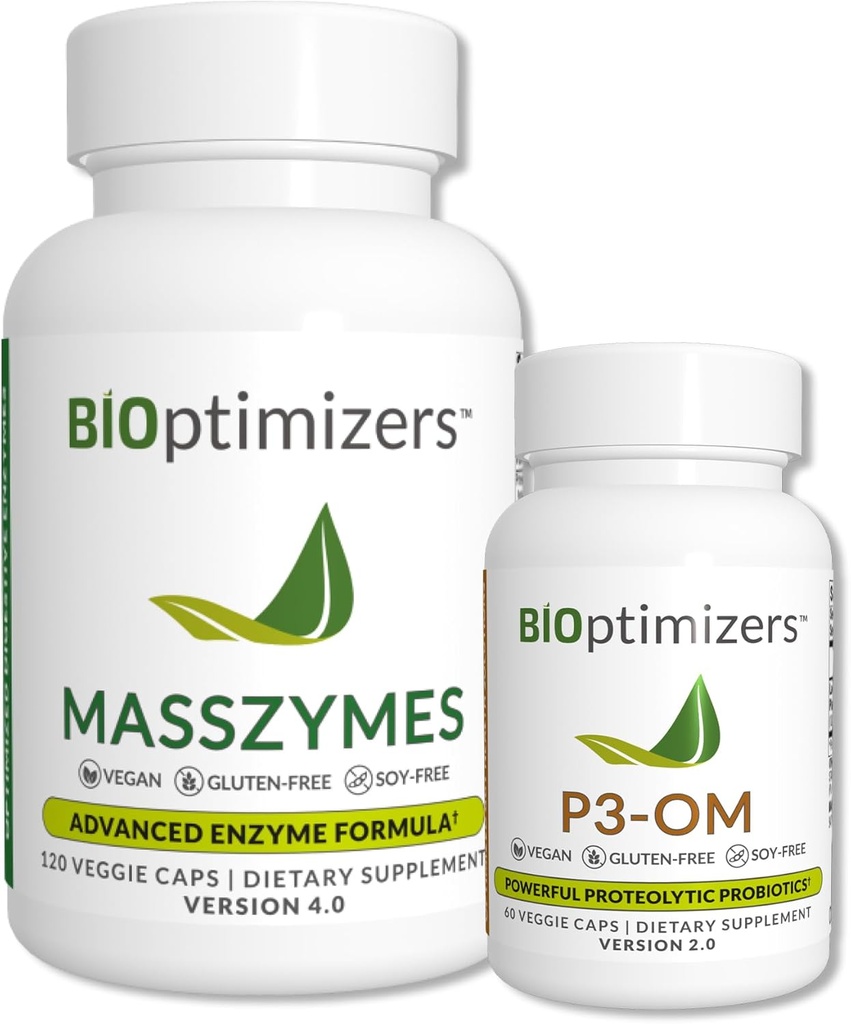 BiOptimiseurs - P3-OM et groupe MassZymes - Enzymes et probiotiques digestifs Premium pour les femmes et les hommes - Formulés par un médecin (120 capsules MassZymes, 60 capsules P3-OM)