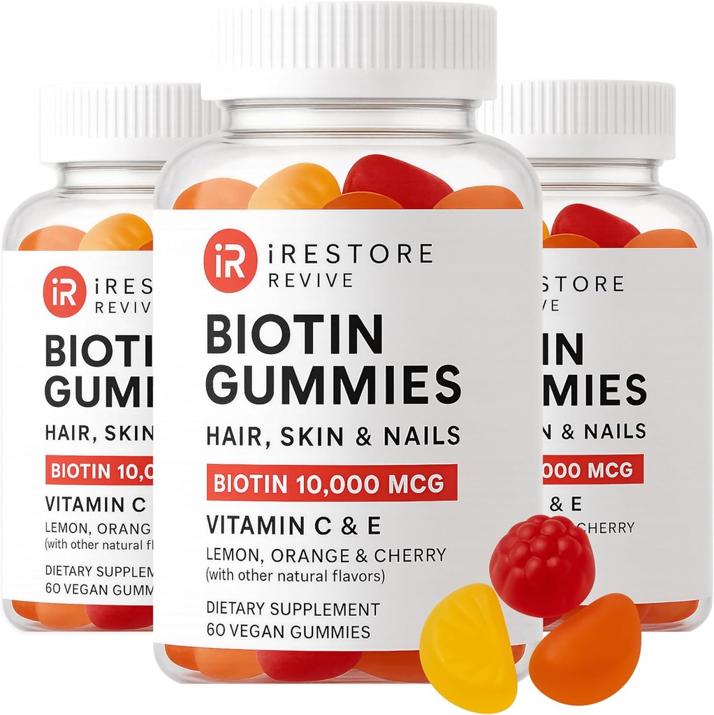 iRestore Vitamines Gommy capillaires, Gommies de biotine végétalienne pour la peau et les ongles, Gommies de croissance capillaire pour les femmes et les hommes, Biotine 10 000mcg, 3PK