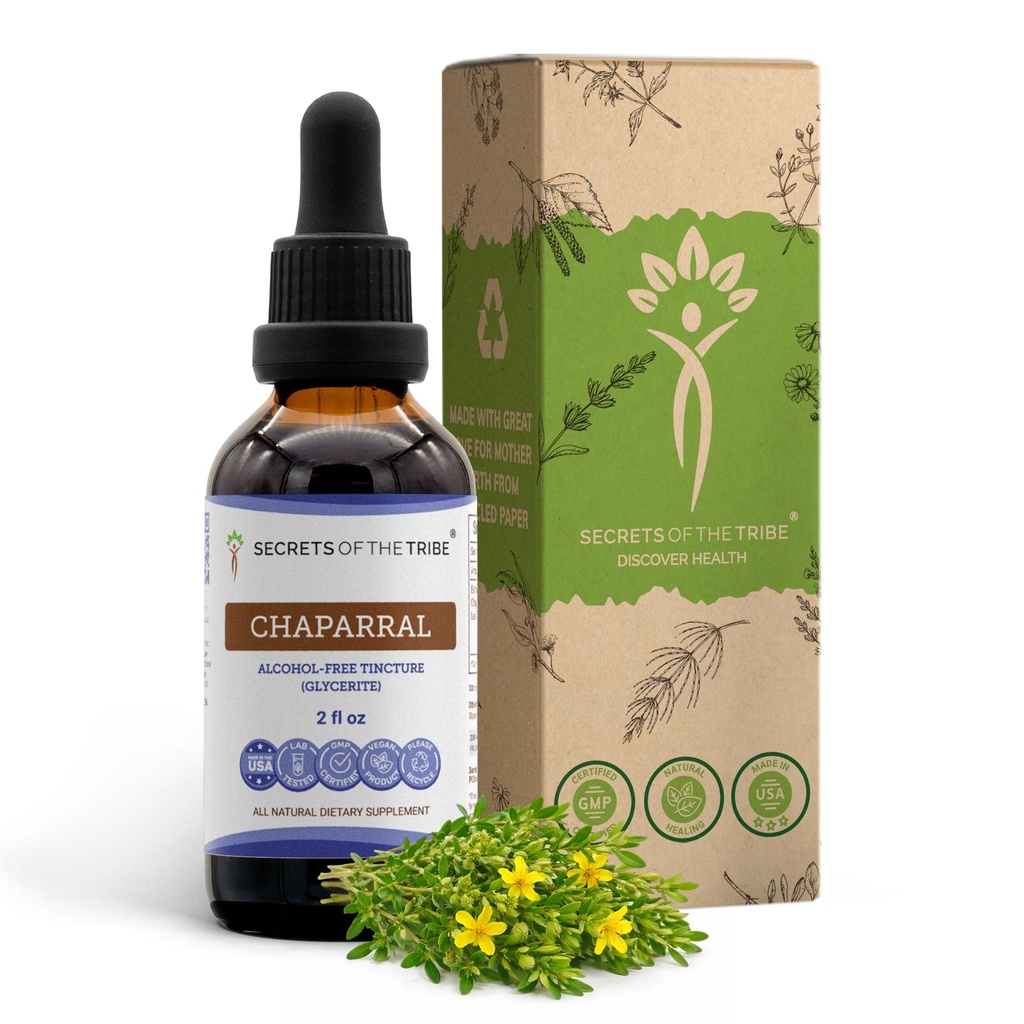 Secrets de l'extrait liquide sans alcool Tribe Chaparral, Chaparral (Larrea tridentata) Supplément de teinture aux feuilles séchées et aux fleurs (2 FL OZ)