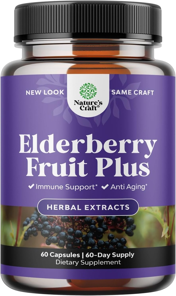 Black Elderberry Capsules Supplément antioxydant - Supplément pour la peau de support Immune Elderberry avec les vitamines de la peau et l'extrait de Sambucus - Soutien du système immunitaire