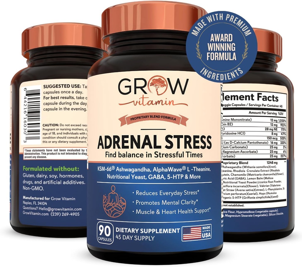 Formule avancée de stress adrénal, bio KSM-66 Ashwagandha avec AlphaWave L-Theanine, 5-HTP, mélange de magnésium - Soulagement du stress quotidien, support de l'humeur, cognitif, santé du cerveau, 90 capsules