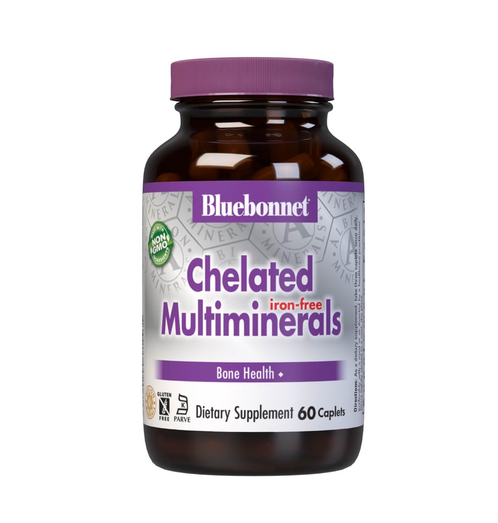 Bluebonnet Nutrition Multiminéraux chélatés de haute puissance (sans fer), minéraux chélatés d'Albion, sans soja, sans gluten, non-OGM, certifié Kosher, sans laiterie, 60 capsules, 20 portions