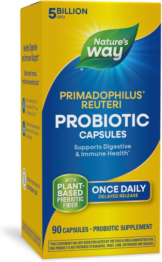 Nature's Way Primadophilus Reuteri Probiotic, soutient la santé digestive et immunitaire*, 5 milliards de cultures vivantes, 90 capsules (paquetage mai vary)