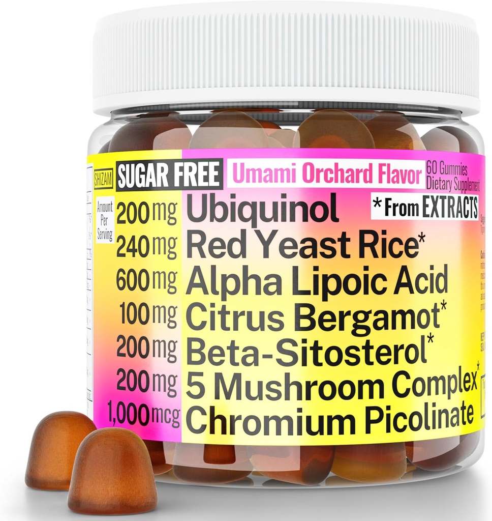 Riz rouge de levure Alpha acide lipoïque Ubiquinol CoQ10 Citrus Bergamot Beta-Sitostérol Chromium Picolinate Sucre-moins Gummies w Lion's Mane Turkey Tail Reishi Cordyceps Chaga, Pills Capsules Supplément Alt