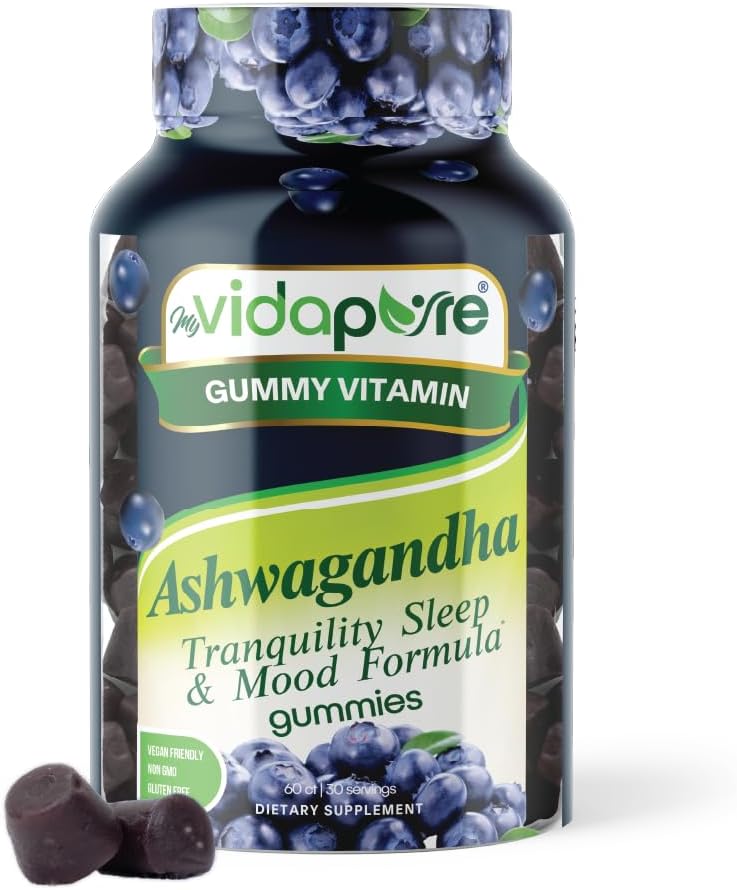 Ashwagandha Gummies, extrait de racine de haute puissance Ashwagandha avec glycin de magnésium, Mélatonine, B6, racine valériane, GABA, fleur de passion pour les hommes et les femmes. 60 Compte 30 portions par myVidaPure