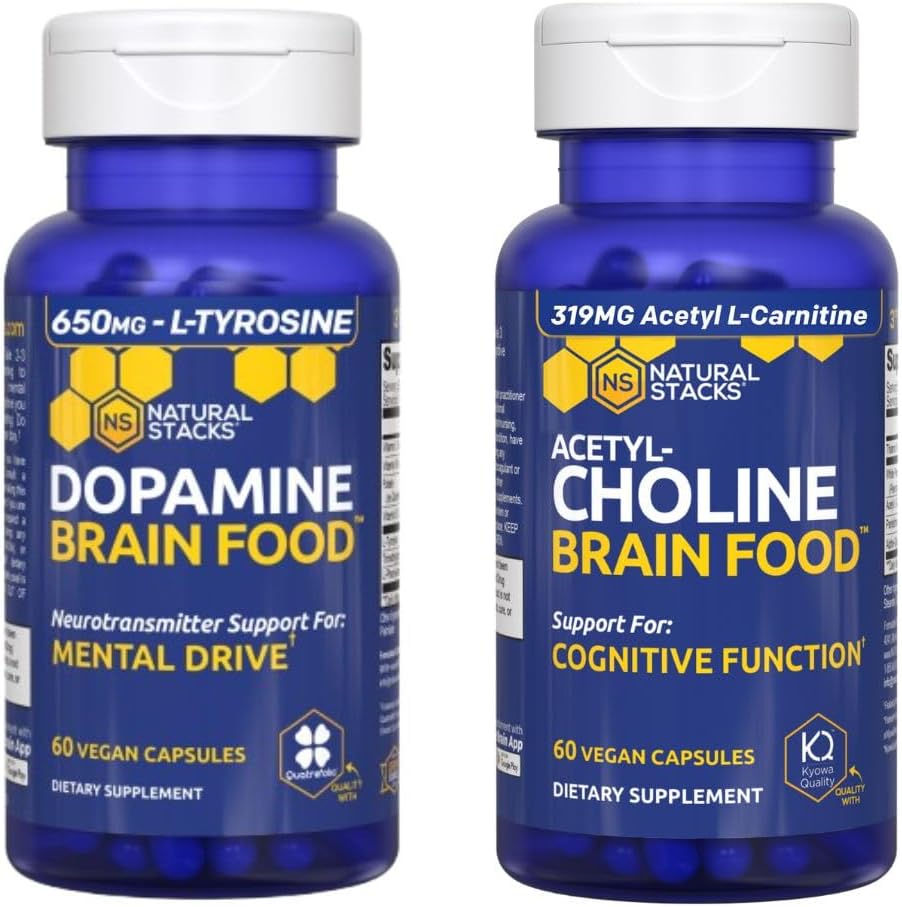 STACKS NATURELS Dopamine et acétylcholine Bundle alimentaire pour le cerveau - Soutient la force mentale et la fonction cognitive* - 120 Capsules totales