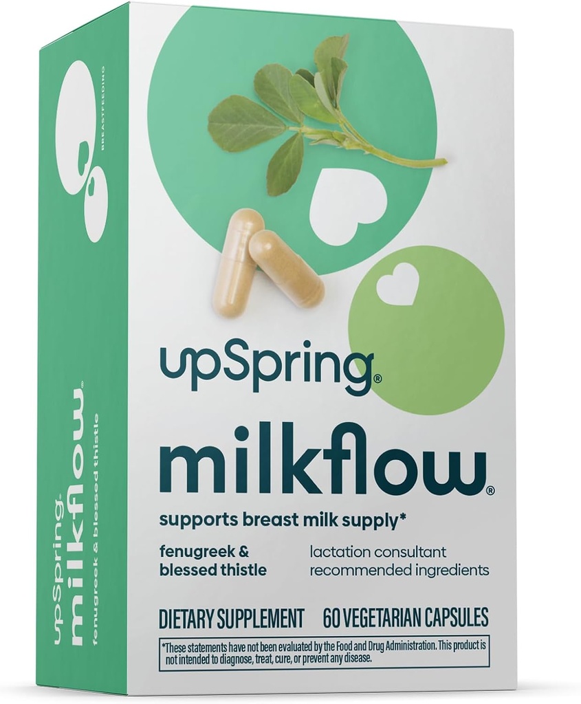 UpSpring Milkflow Lactation Supplement for Milk Supply Increase, Breastfeeding Supplements with Fenugreek & Blessed Thistle, Non-GMO, Lactation Support 60 Vegan Capsules