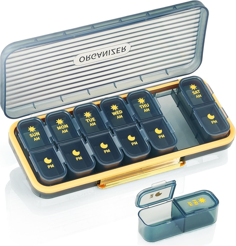Organisateur hebdomadaire de pilules 2 fois par jour - Pill Case Am Pm - Travel Pill Box 7 Day Portable Daily Vitamine Conteneur Distributeur de médecine esthétique avec 7 compartiments séparés Matin Night Supporter supplément