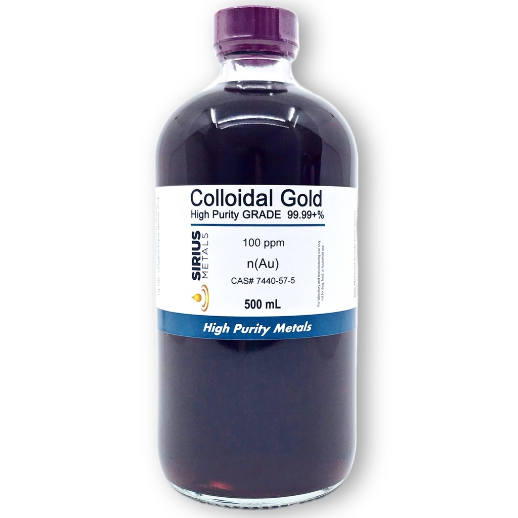 Vrai Or colloïdal (100 ppm) - 99,99+% Pureté - 500 mL (16,9 Fl Oz) dans une bouteille en verre transparent