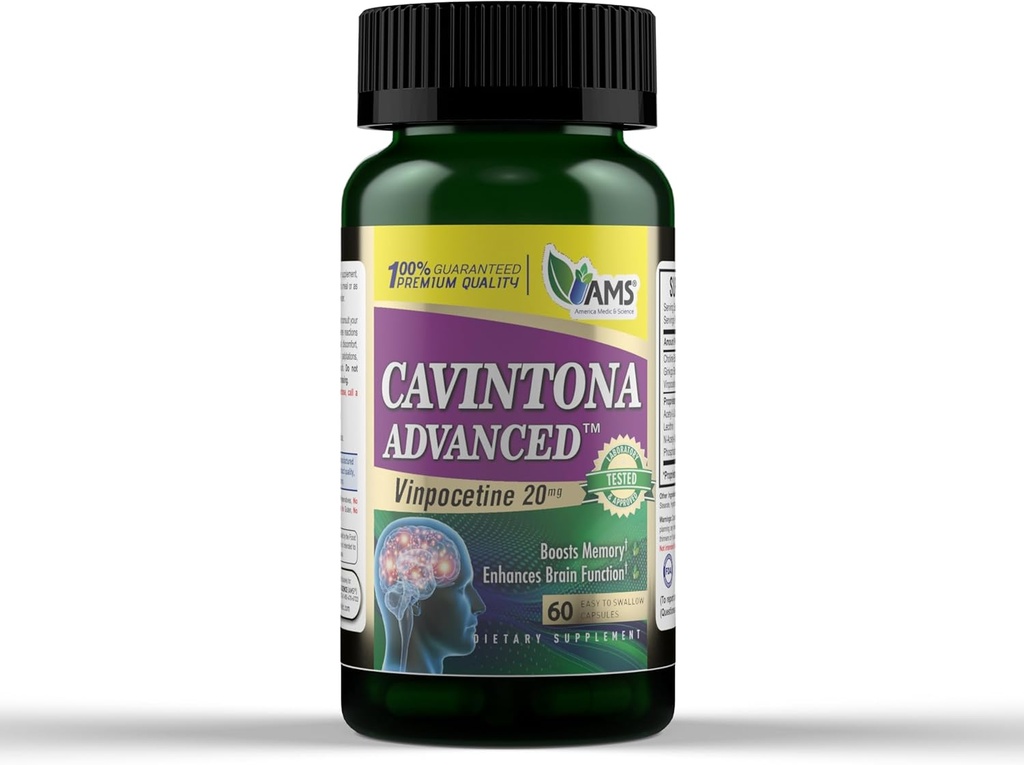 America Medic & Science Cavintona Advanced Supplement – Vinpocetine 20mg for Memory, Recall & Brain Health – Supports Cognitive Function, Focus, Mental Clarity & Blood Flow – 60 Capsules