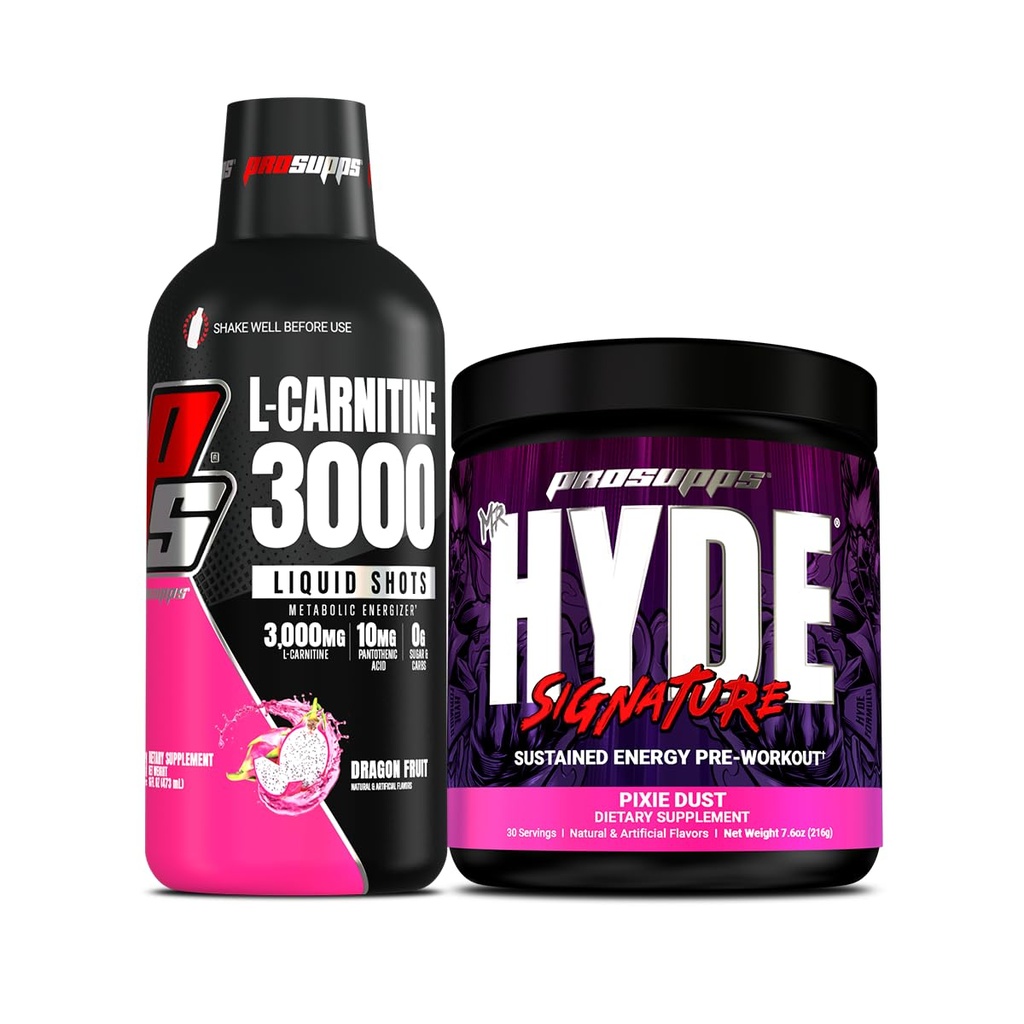 PROSUPPS L-Carnitine 3000 Stimulant Liquid Shops (31 portions, fruits dragons) et M. Hyde Série Signature Pré-travail Consommation d'énergie en poudre (30 portions, poussière de Pixie)