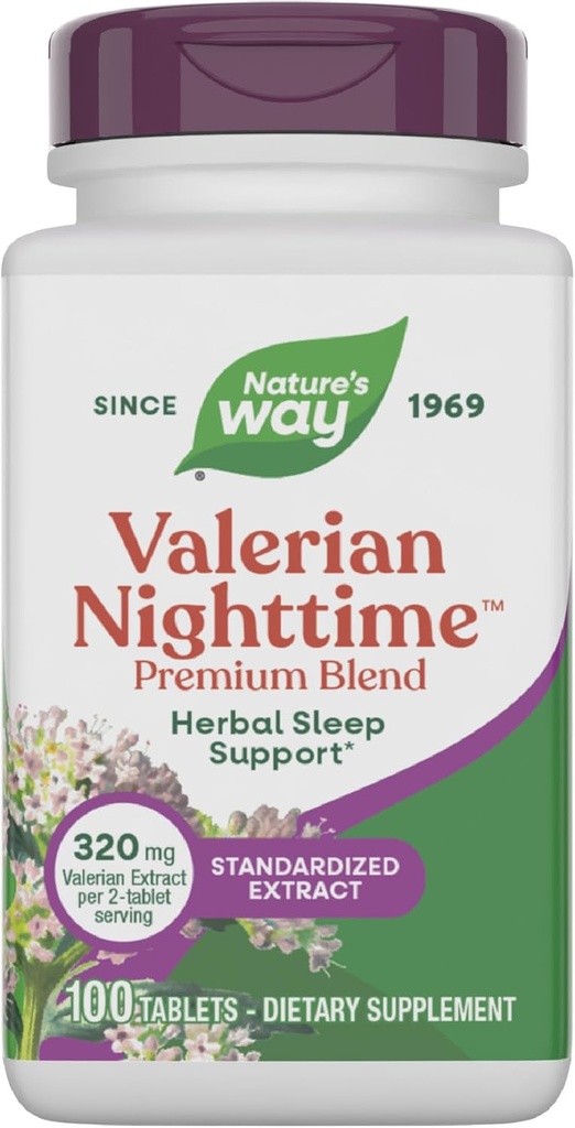 Nature's Way Valérian Nighttime, aide au sommeil à base de plantes*, 320 mg par portion d'extrait de valérian, sans gluten, 100 comprimés