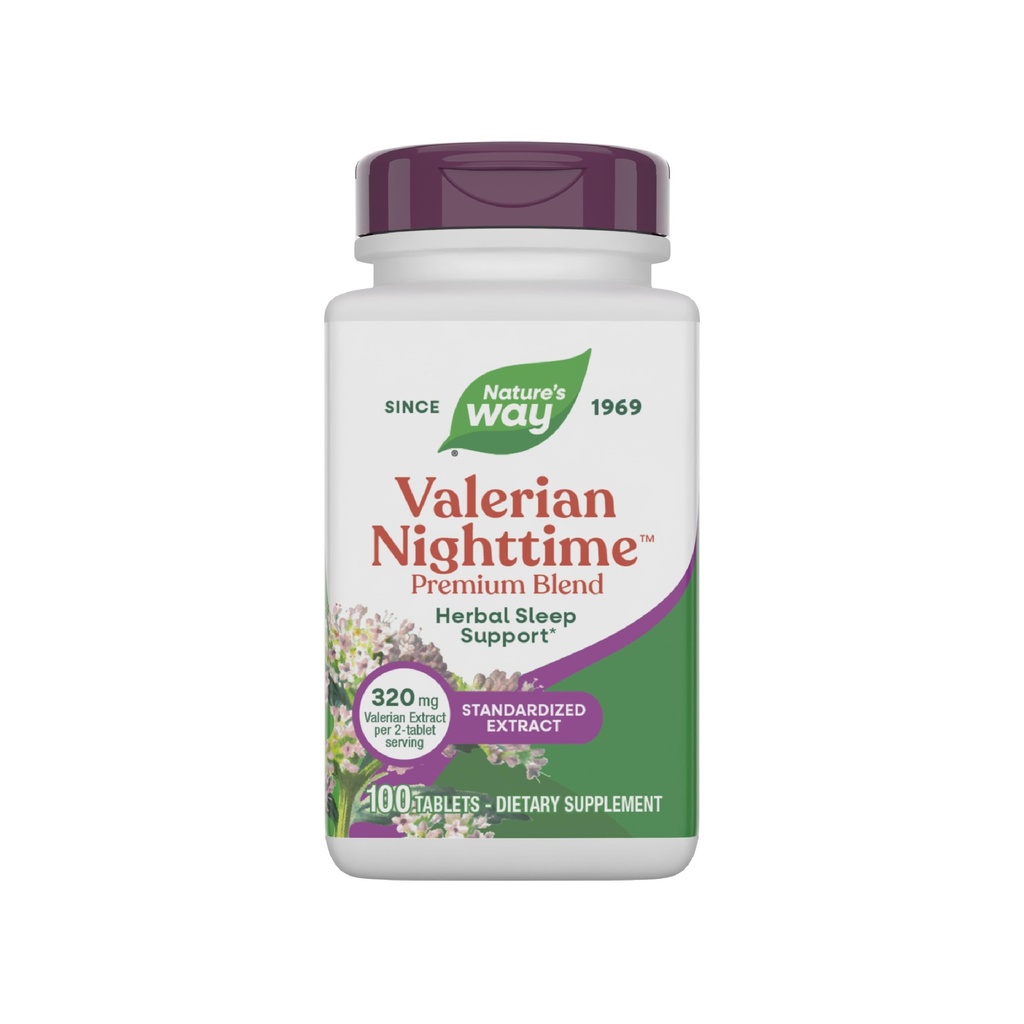 Nature's Way Valérian Nighttime, aide au sommeil à base de plantes*, 320 mg par portion d'extrait de valérian, sans gluten, 100 comprimés