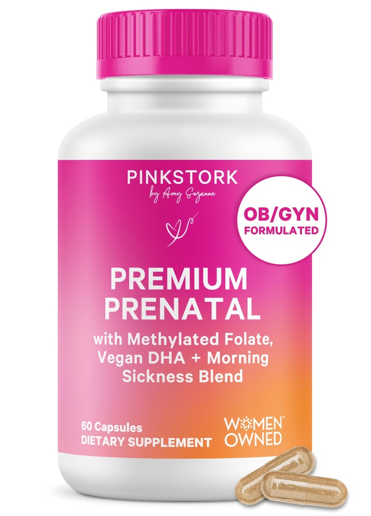 Pink Stork Premium Vitamine prénatale pour les femmes - Ingrédients organiques entiers, multivitamines et probiotiques - Maladie du matin, digestion et énergie - Folate, B6, et fer - 60 capsules