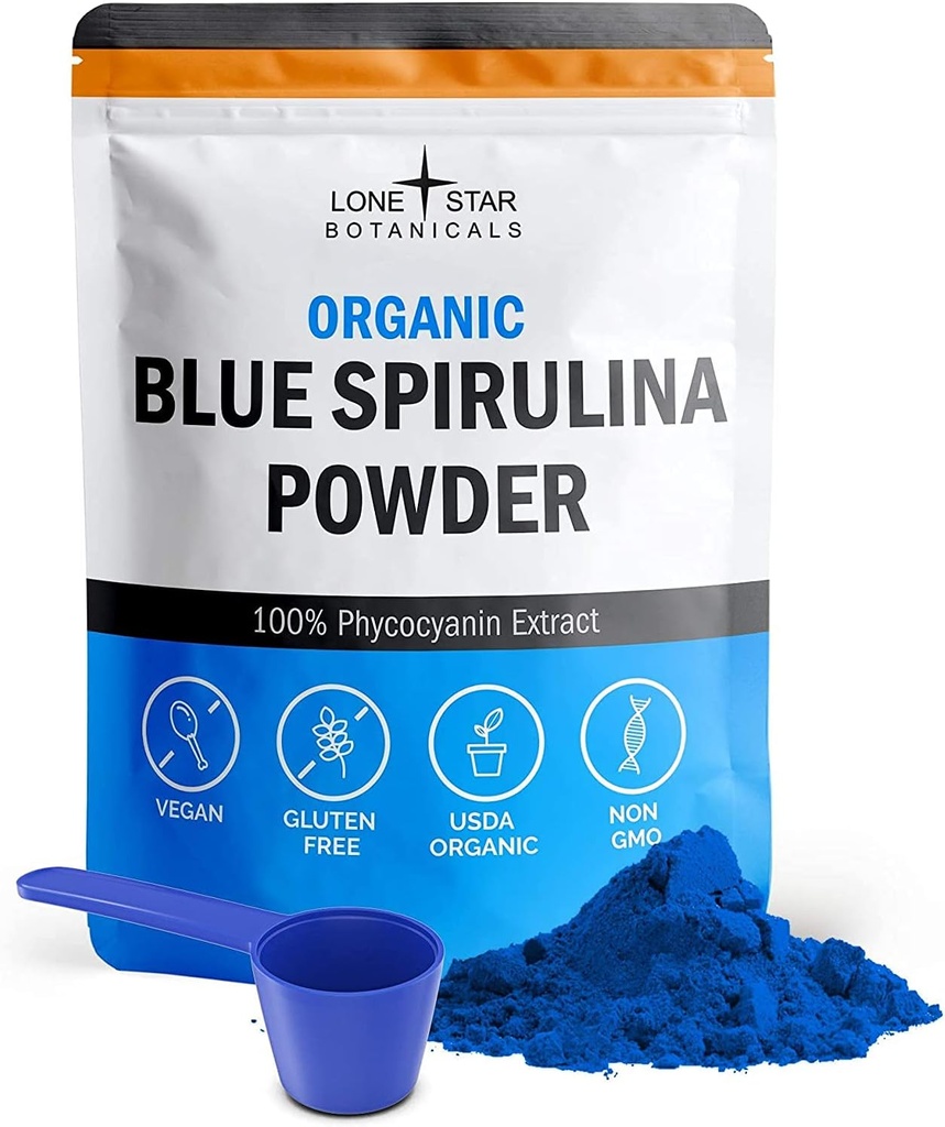 Lone Star Botanicals Bio Blue Spiruline Poudre - 100% Pure Blue-Green Algae, Pas d'odeur de poisson, Vegan Superfood pour les smoothies et boissons, Non OGM, Sans gluten, Vegan