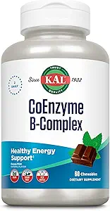 Complexe KAL CoEnzyme Vitamine B, Vitamines Chewable B pour une énergie saine, globule rouge et fonction nerveuse Soutien avec/vitamine B12, B6, acide folique, menthe de cacao naturel, végétalien, sans sucre, 30 portions, 60ct