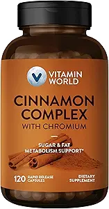 Complexe de la cannelle à la vitamine mondiale avec chrome, suppléments de 1000 mg de cannelle avec chrome à haute puissance pour un métabolisme sain et une protection antioxydante, 120 capsules, 2 mois d'approvisionnement, sans gluten