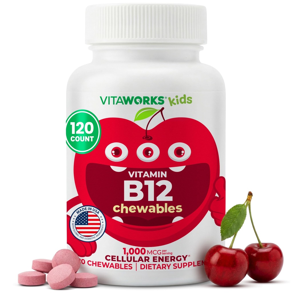 Enfants Vitamine B12 1000 mcg Comprimés à croquer - Dégustation de cerise naturelle - Vegan, sans OGM, sans gluten, sans noix - Supplément alimentaire - Vitamines d'énergie cellulaire pour enfants - 120 Chewables