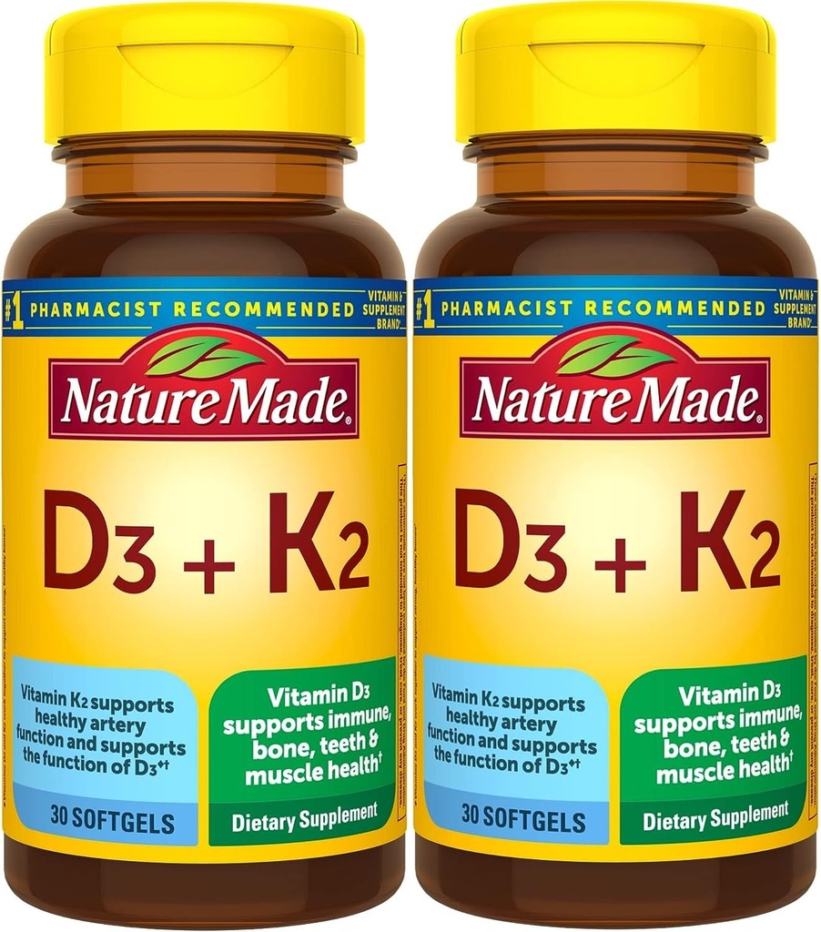 Vitamine D3 K2, 5000 UI (125 mcg) Vitamine D, complément alimentaire pour os, dents, muscles et immunitaires, 30 softgels, 30 jours d'approvisionnement - Pack de 2