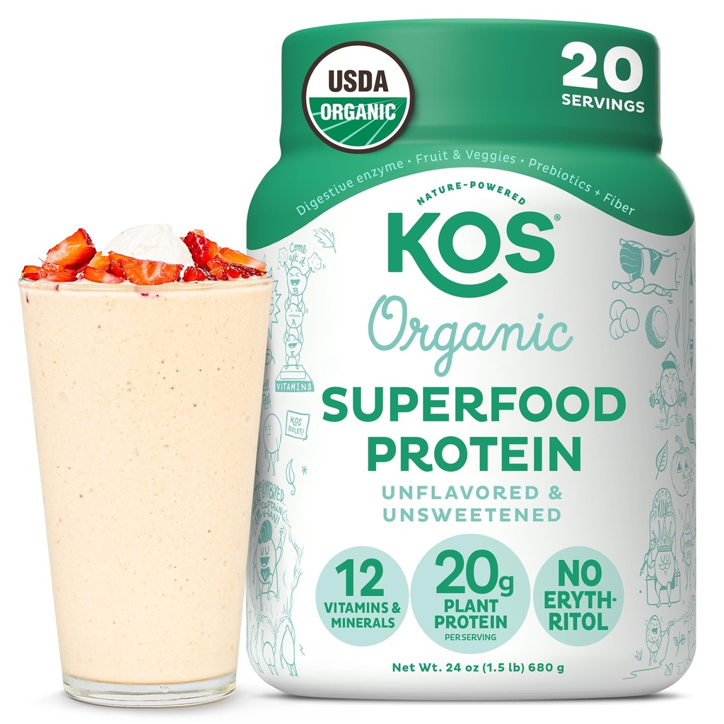 KOS Poudre de protéines végétales, non aromatisée et non sucrée - Mélange de protéines de pois à faible teneur en glucides, superaliments organiques riches en vitamines et minéraux - sans kéto, soja, laiterie - substitut de repas pour les femmes et les hommes - 20 portions