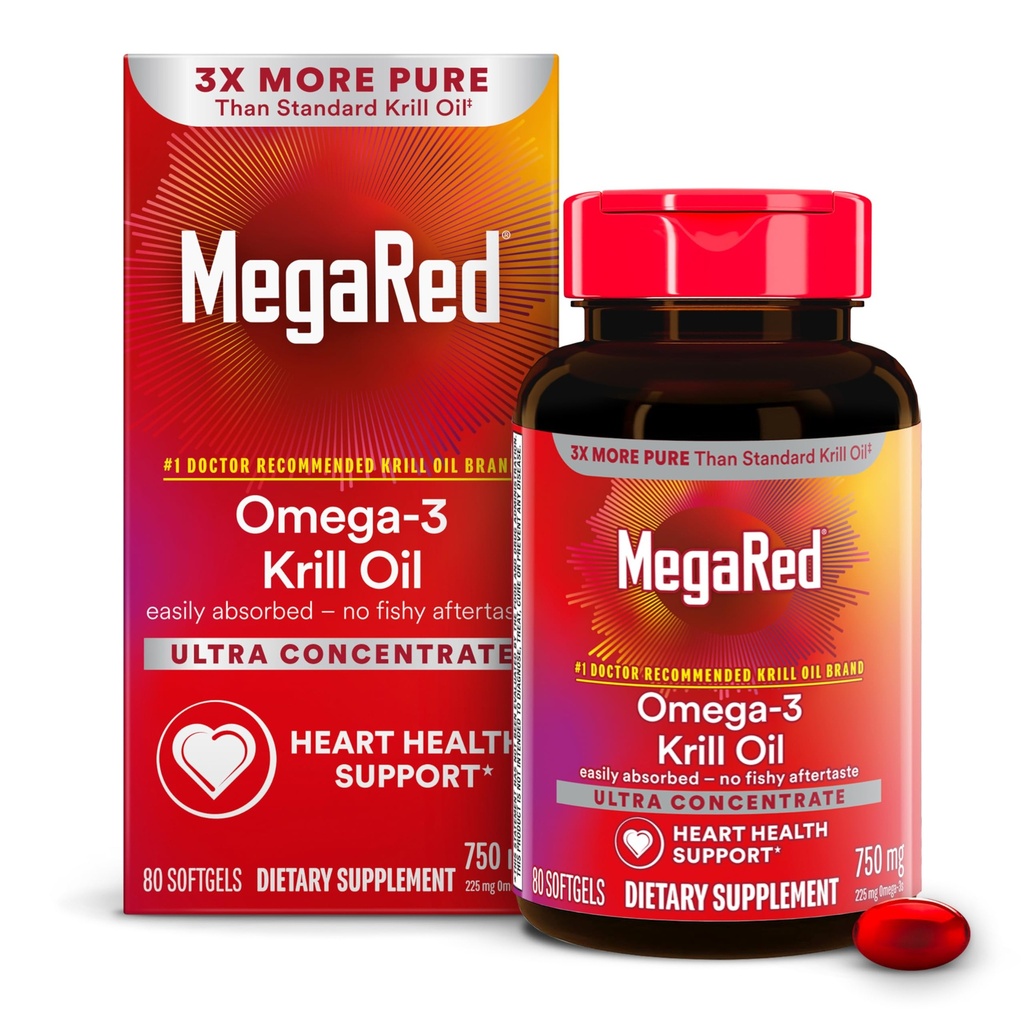 MegaRed Antarctic Krill Oil 750mg, Omega 3 Fatty Acid Supplement, Ultra Concentrate EPA & DHA Softgels, Astaxanthine antioxydante, supplément santé cardiaque sans après-goût d'huile de poisson, 80ct