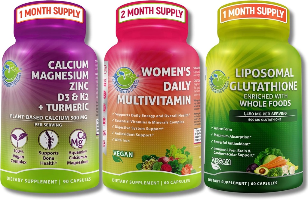 Ensemble de soutien aux os et aux immunes végétaliens - Glutathion liposomique 500mg avec des aliments organiques entiers + multivitamine quotidienne des femmes avec fer et calcium à base végétale, magnésium, D3, K2, zinc et curcuma