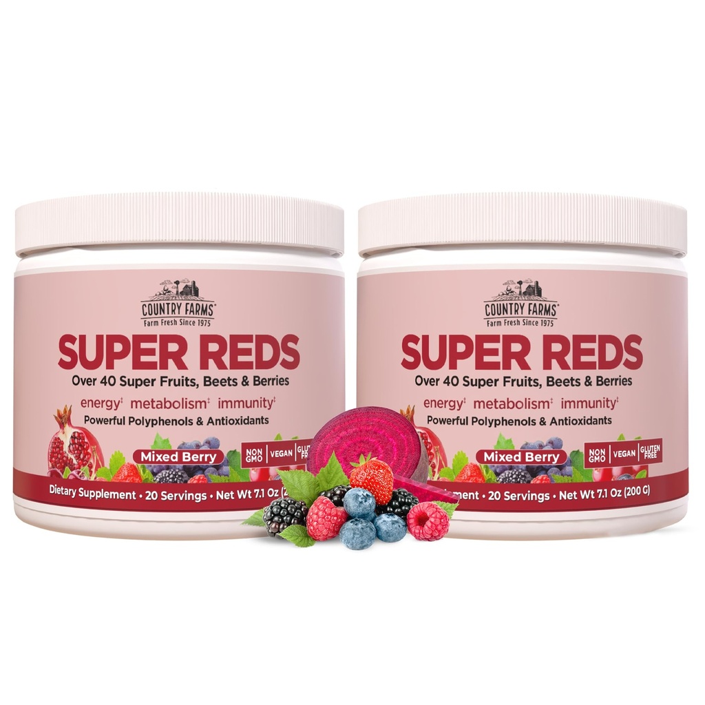 CARACTÉRISTIQUES DE PAYS Super Rouges, Energisant Polyphénol Superfood, Plus de 40 Super Fruits et baies, puissants antioxydants et polyphénols, soutient l'énergie, soutient la circulation, 40 portions, Berry mixte