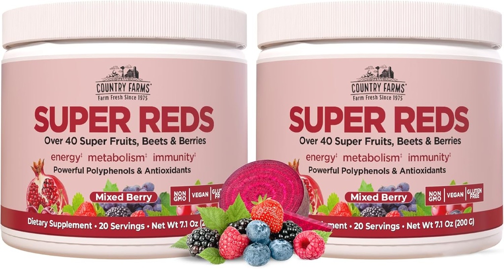 CARACTÉRISTIQUES DE PAYS Super Rouges, Energisant Polyphénol Superfood, Plus de 40 Super Fruits et baies, puissants antioxydants et polyphénols, soutient l'énergie, soutient la circulation, 40 portions, Berry mixte