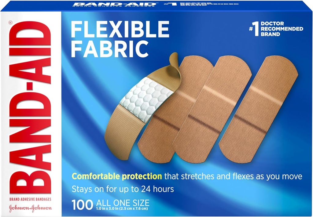 Bande-Aid marque flexible tissu stérile bandes adhésives, confortable soin de la plaie coussinée et protection pour les coupures, les éraflures et les brûlures mineures, premiers soins, tampon confort sans blessures, une taille 1x3 In, 100 comte