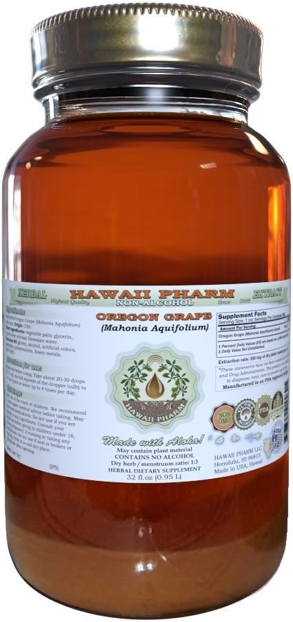 Hawaii Pharm Oregon Extrait liquide sans alcool de raisin, Oregon Grape (Mahonia aquifolium) Graine séchée Glycérite supplément naturel à base de plantes, États-Unis 32 fl.oz