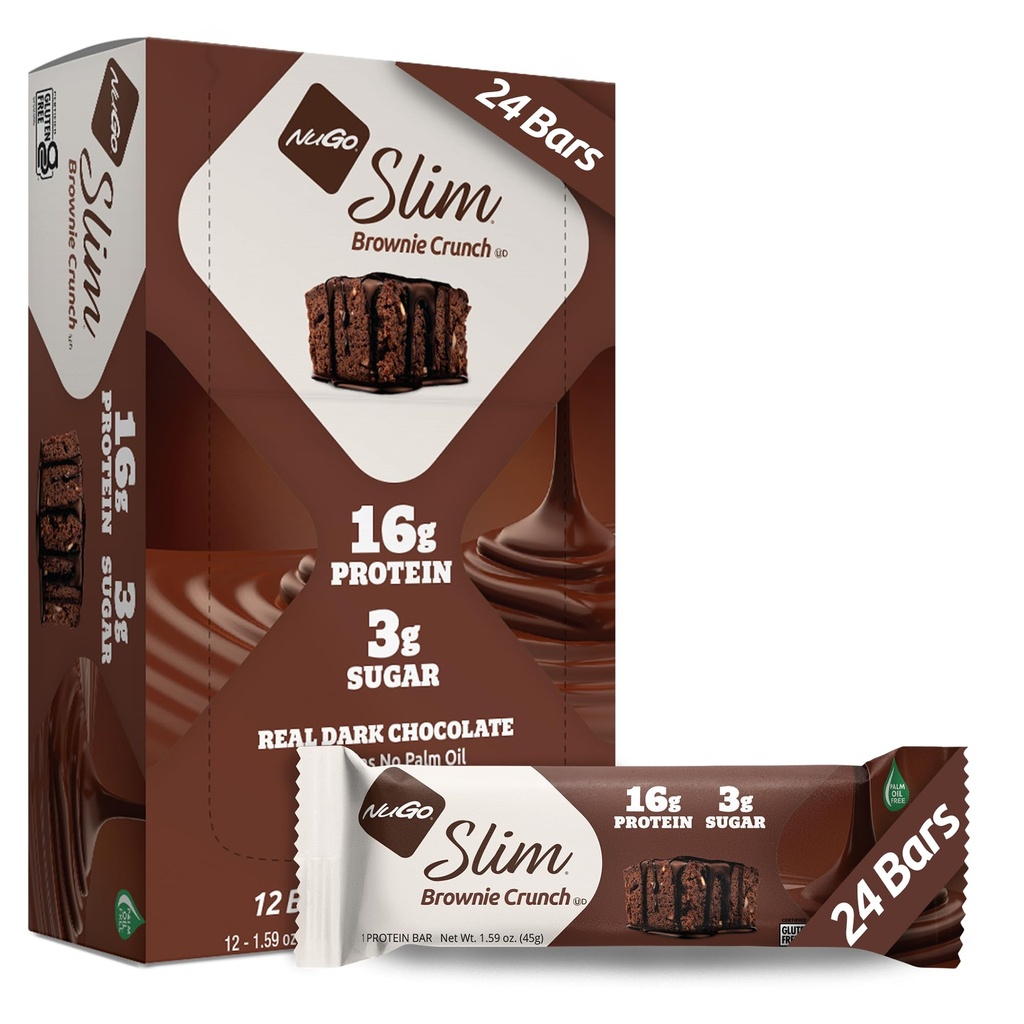 Nugo Slim Chocolat foncé Crunch Brownie, 16g de protéines, 2g de sucre, 7g de fibre, faible carbure net, Keto amical, sans gluten, 24 comte