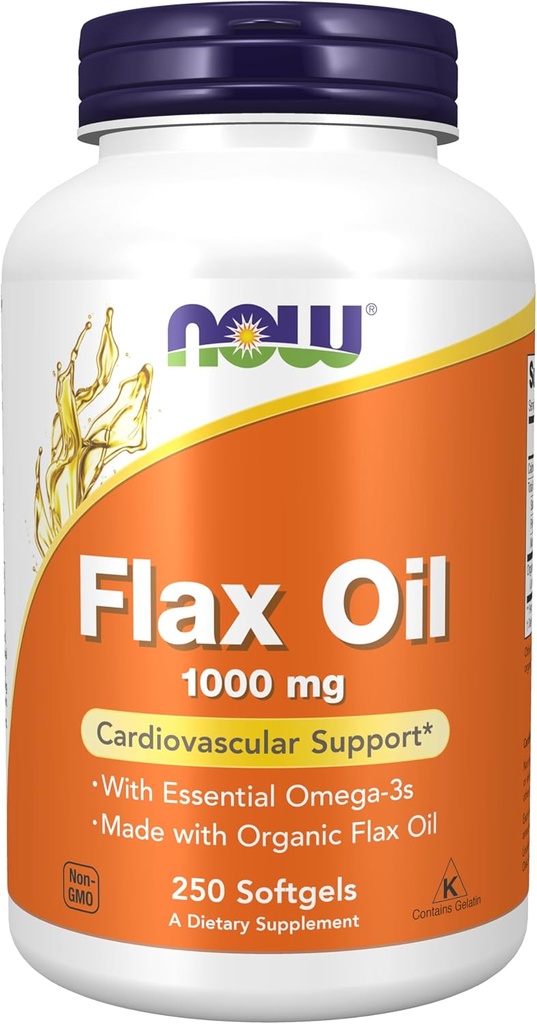 MAINTENANT Aliments suppléments, huile de lin 1 000 mg avec huile de lin biologique, soutien cardiovasculaire*, 250 softgels