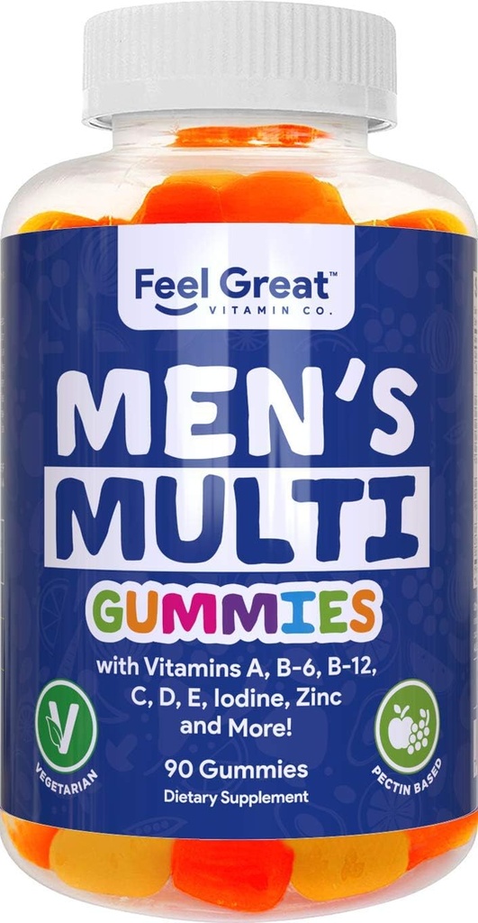 Feel Great Vitamin Co. Men's Multivitamin Gummies, Packed with Vitamin A, B-6, B-12, Biotin, C, D3, E, Iodine, Folic Acid, Zinc. Made in The USA. 45 Day Supply