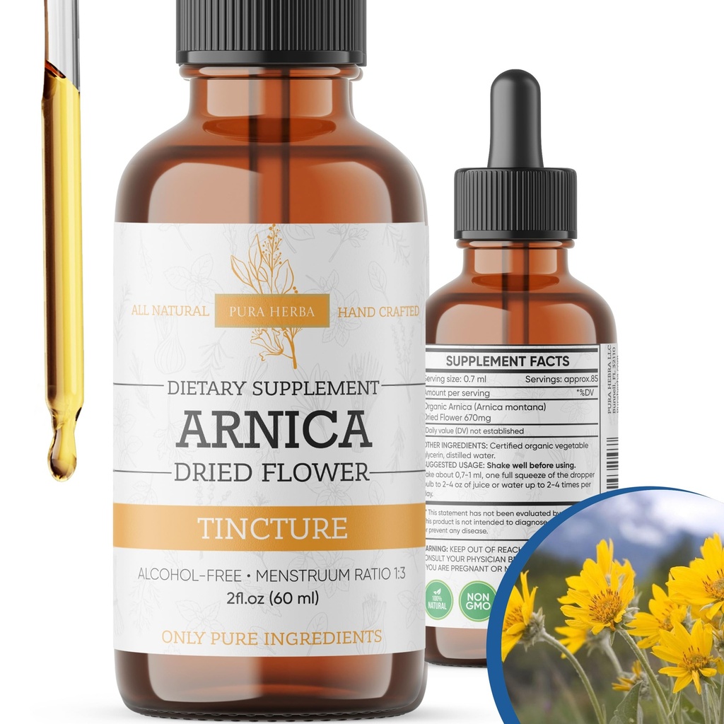 Pura Herba Arnica Liquid Extract – Alcohol-Free, Vegan, Supports Muscle Recovery & Joint Comfort, Fast-Absorbing Tincture, Made in USA – 2 Fl Oz