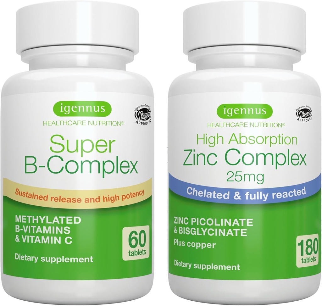Complexe Super B-Complex + complexe de zinc Mélange végétalien, complexe Méthylé à libération prolongée B + 25mg Picolinate de zinc chélaté et bisglycinate avec cuivre, par Igennus