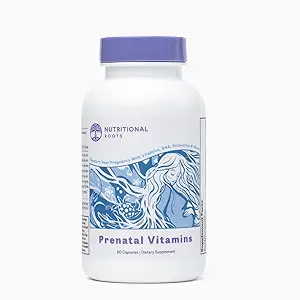 Racines nutritionnelles Vitamines prénatales avec DHA - Vitamines alimentaires entières avec folate, probiotiques et ingrédients organiques régénératifs, sans fer, sans iode, Bump it Up, 30 portions