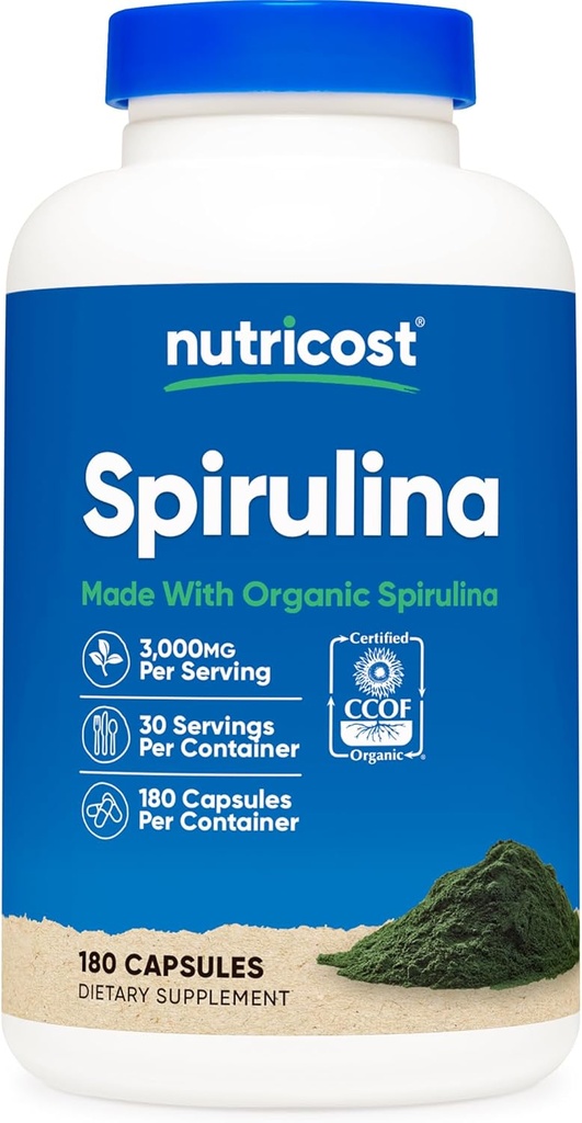 Nutricost Spirulina 3,000mg, 180 Capsules pour 30 portions - CCEF certifié avec Spiruline biologique, sans gluten, végétarien