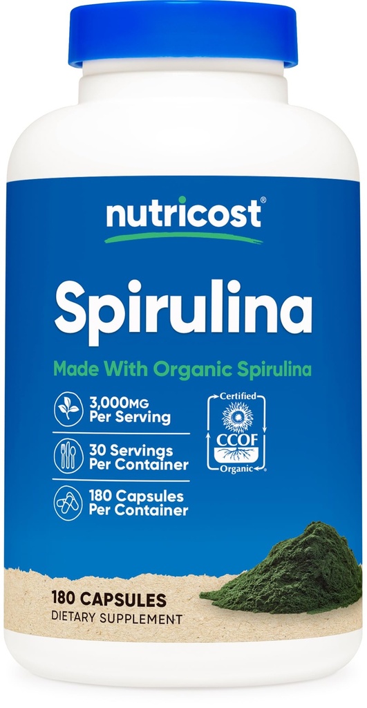 Nutricost Spirulina 3000mg, 180 Capsules pour 30 portions - CCEF certifié avec Spiruline biologique, sans gluten, végétarien