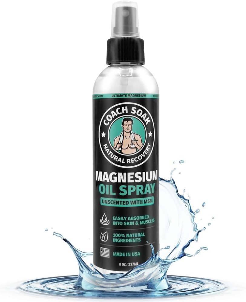 Coach Soak Magnesium Oil Spray with MSM - 8oz, Extra Magnesium Chloride Strength, 100% Pure Topical Spray for Feet & Body, Unscented - Made in USA