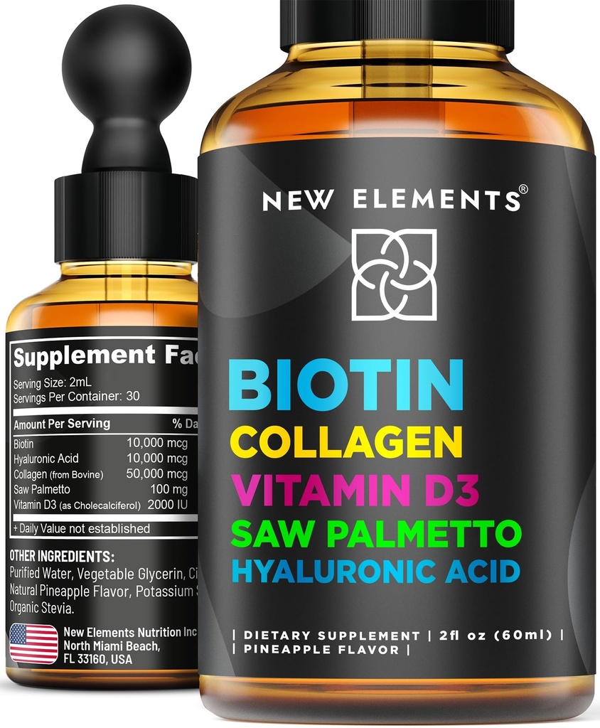 Biotine liquide pour les femmes et les hommes croissance des cheveux 10000mcg.com Biotine et collagène suppléments avec Saw Palmetto et acide hyaluronique.