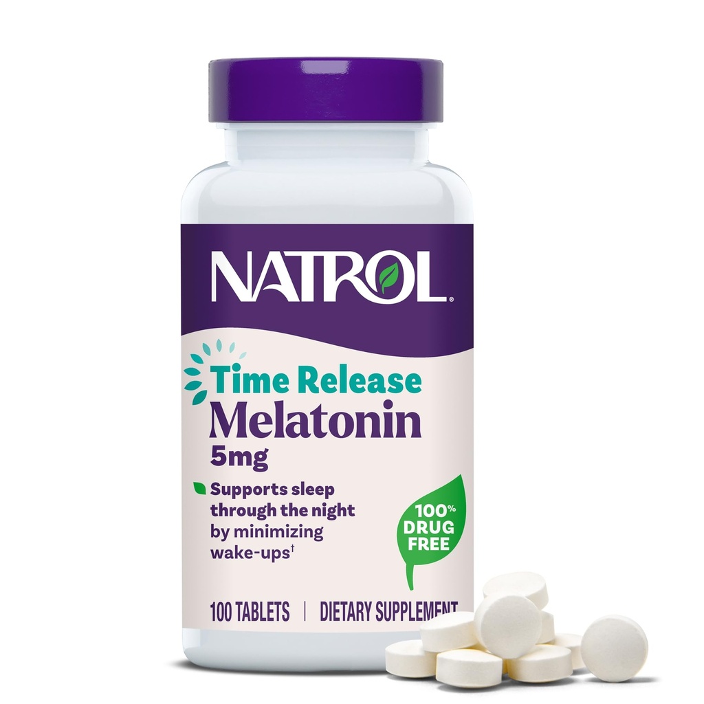 Natrol Melatonin 5 mg de libération dans le temps, supplément alimentaire pour minimiser les réveils, aide au sommeil nocturne, 100 comprimés, jusqu'à 100 jours d'approvisionnement