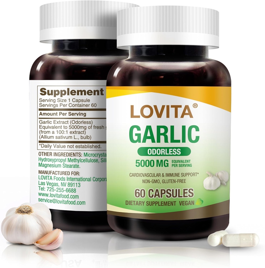Lovita Capsules d'ail sans odorat, 5000mg équivalent d'ail frais, extrait d'allicine 1,25%, soutient le cœur, la pression artérielle, le cholestérol et le système immunitaire, non-OGM, sans gluten, 60 capsules végétaliennes