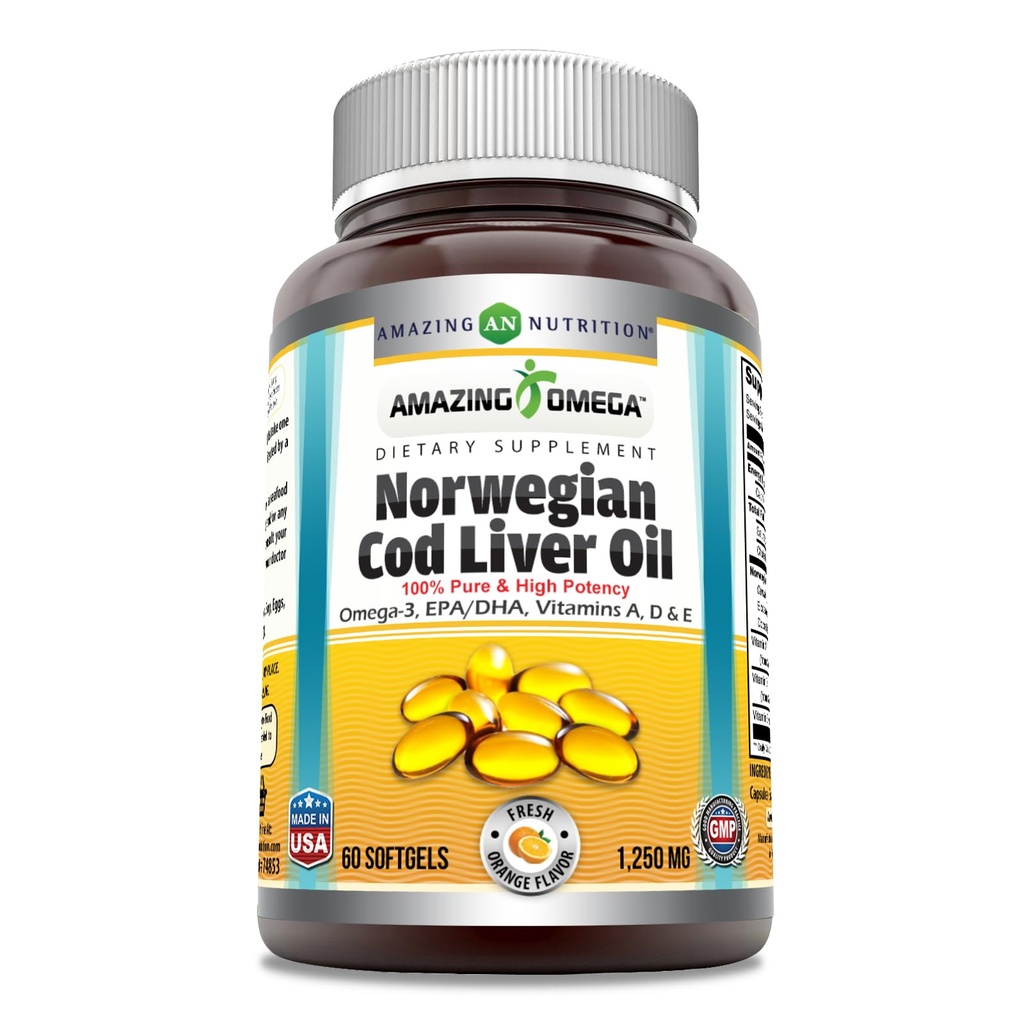 Amazing Omega Norwegian Cod Liver Oil 1250 Mg softgels Supplement.