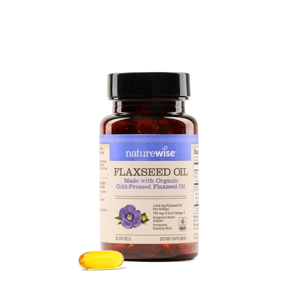 NatureWise Huile de lin 1200 mg, Oméga sans poisson 3 6 9 avec 720mg ALA, complément alimentaire pour le soutien de la santé cardiaque - biologique, pressé à froid, non-OGM - 30 Softgels[1-Mois]