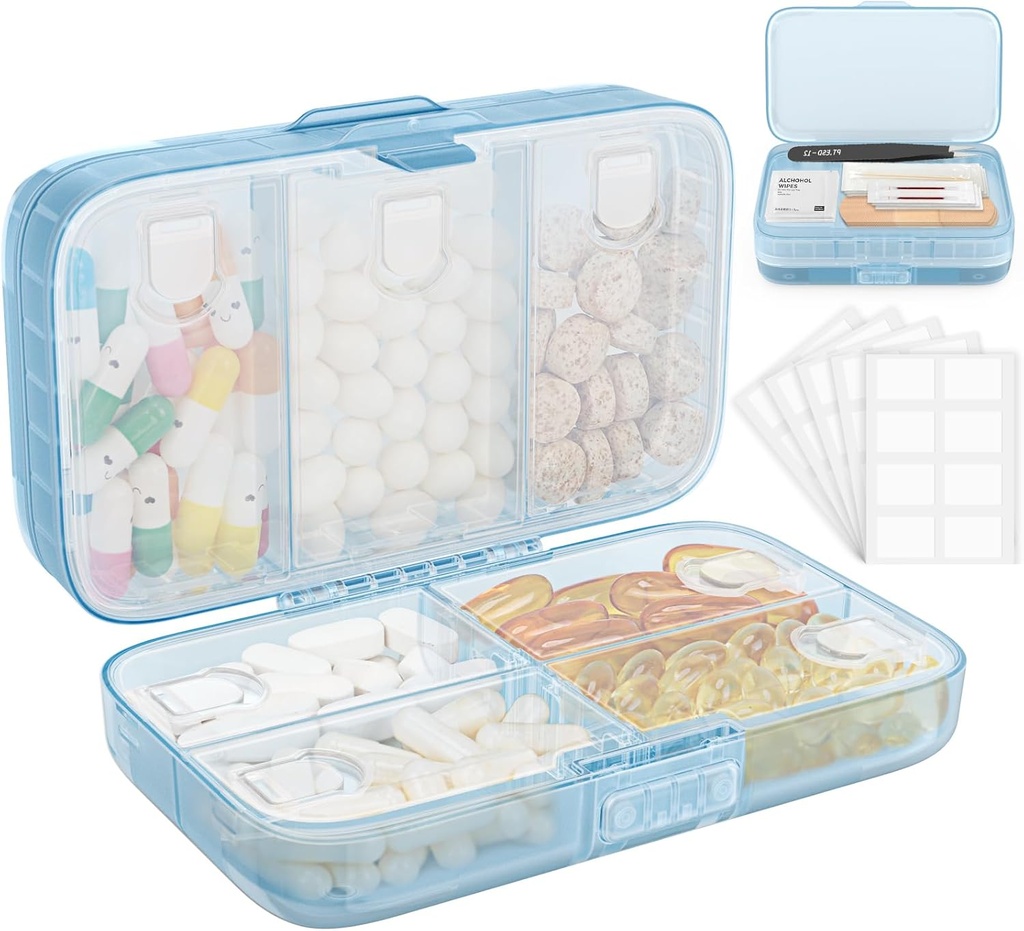 FYY Weekly Pill Organizer with labels,8 Compartiments Travel Daily Pill Case Etanche à l'humidité Grande boîte à pilule pour tenir les vitamines, huile de poisson, suppléments, swab de coton et bandages-bleu