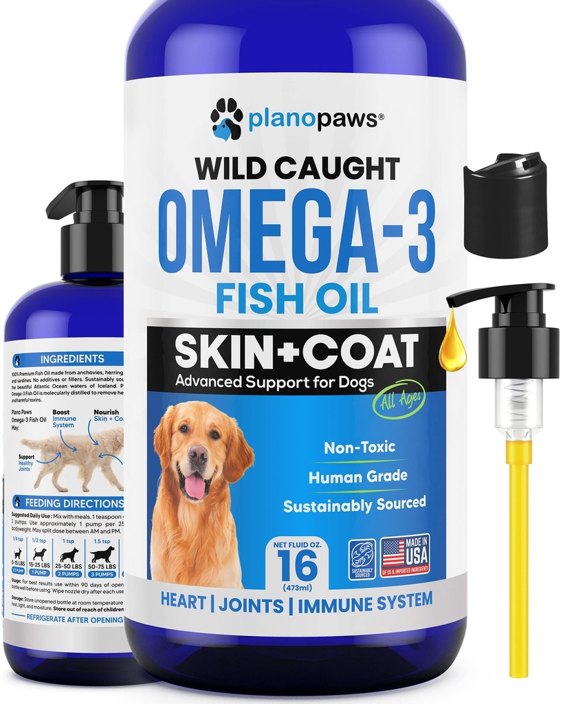 Omega 3 Huile de poisson pour chiens - Meilleur que l'huile de saumon pour chiens - Supplément d'huile de poisson pour chiens - Réduire le défrichement et les démangeaisons - Supporte les articulations, le cerveau, le coeur santé- Supplément de peau et de manteau de chien - Huile de poisson liquide