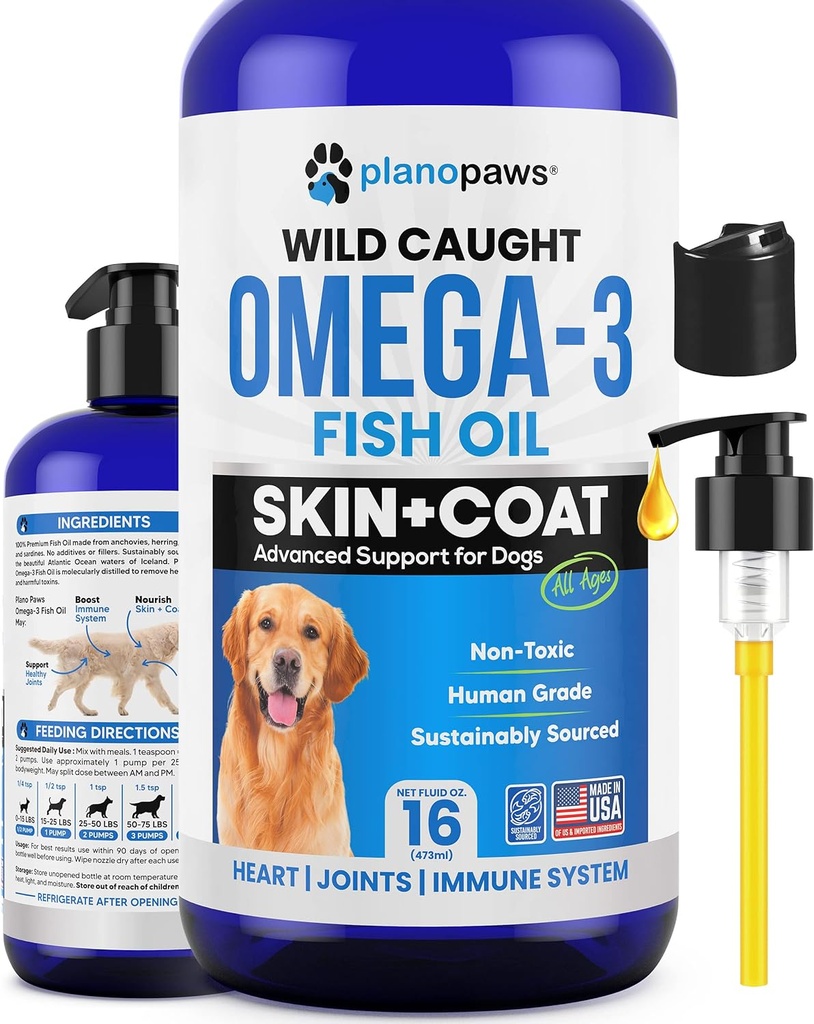 Omega 3 Huile de poisson pour chiens - Meilleur que l'huile de saumon pour chiens - Supplément d'huile de poisson pour chiens - Réduire le défrichement et les démangeaisons - Supporte les articulations, le cerveau, le coeur santé- Supplément de peau et de manteau de chien - Huile de poisson liquide